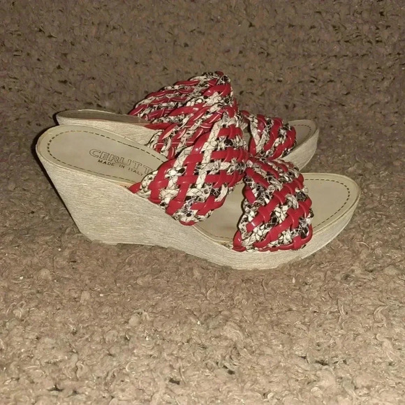 CERUTTI-Italy-Red Patent/Snakeskin Pattern Woven Leather Wedge-Sz 37-Excellent - Picture 4 of 7